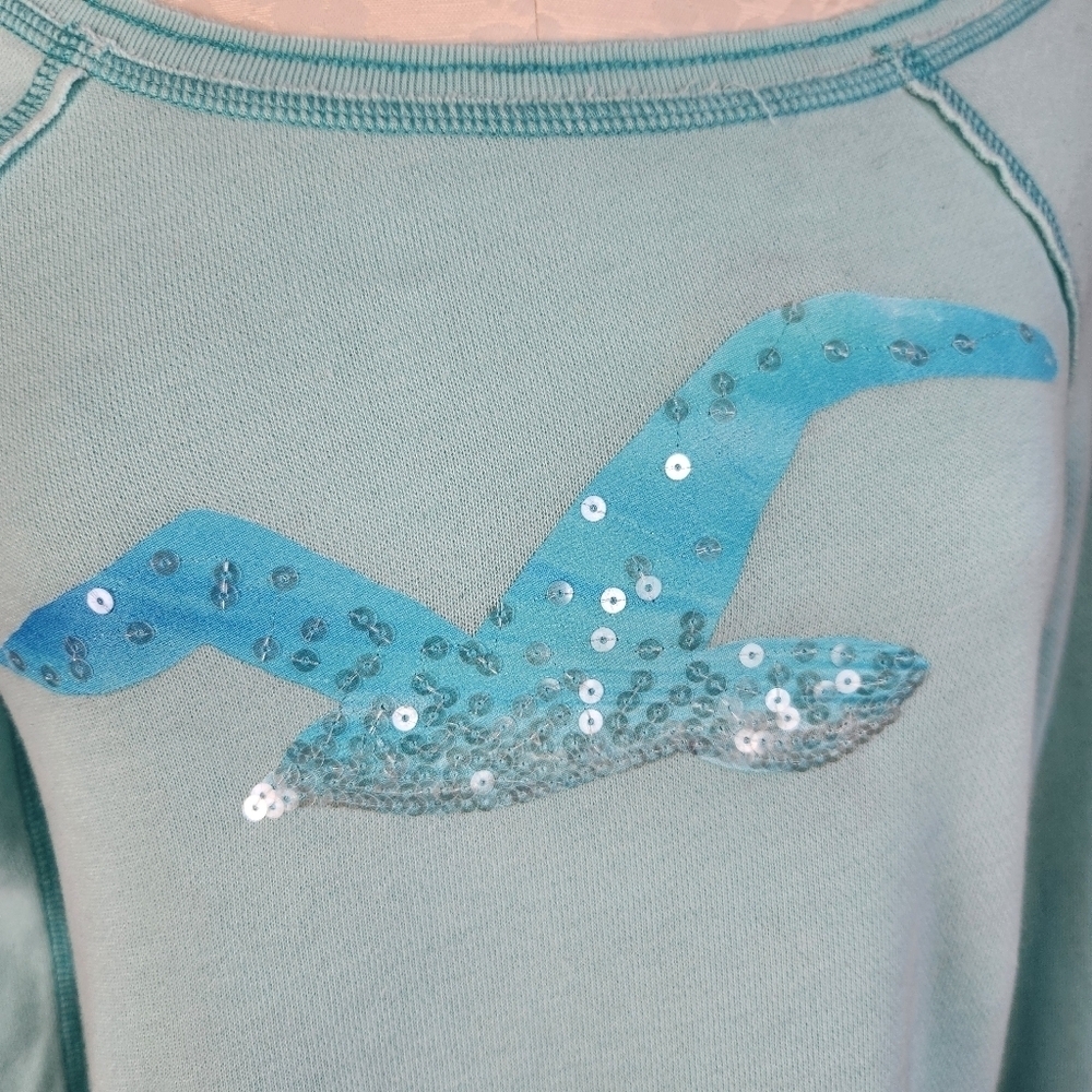 Y2K Vintage Hollister Lightweight Wide Neck Sweatshirt Lightblue Sequin Size S - Picture 5 of 15
